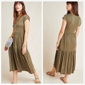 Anthropologie COA Sierra Knit Midi Cap Sleeve Tiered Dress Olive Green XS/S